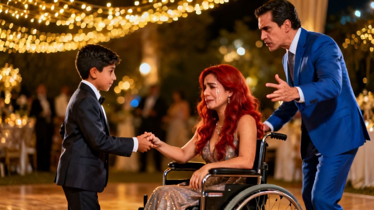 "Señora, ¿me concede este baile?" dijo el niño, y un hombre de saco azul respondió: "Ella no puede caminar"